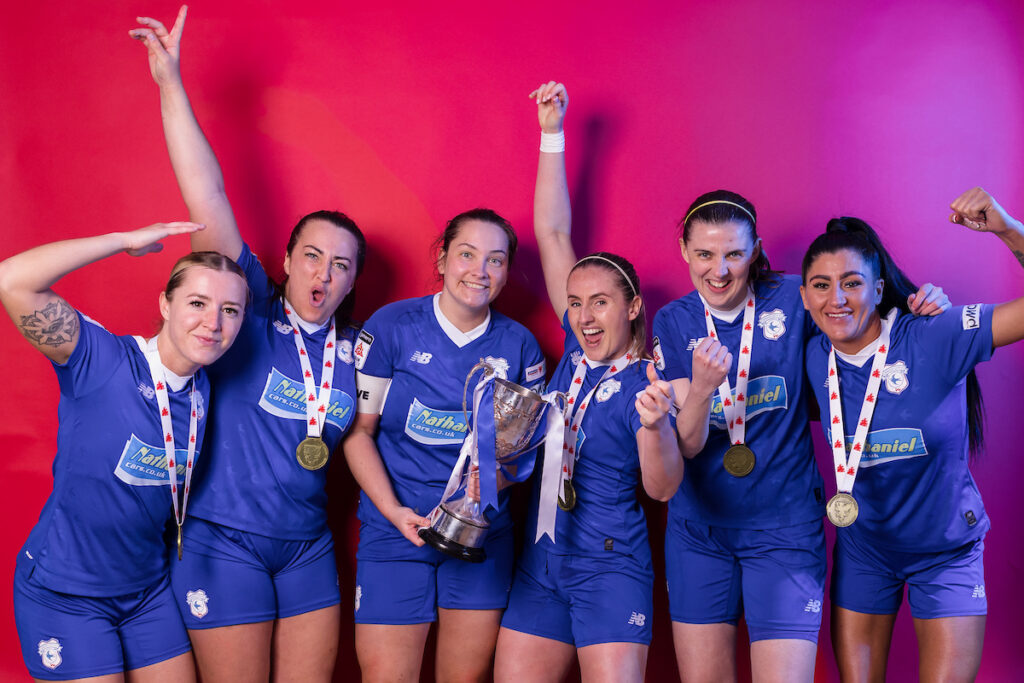 Cardiff City Siobhan Walsh, Cardiff City Emily Bayliss, Cardiff City Catherine Walsh, Cardiff City Danielle Broadhurst as Cardiff City Celebrate winning the 2022/23 FAW Women's Cup Final between Cardiff City Women & Briton Ferry Llansawel Ladies, Penydarren Park, Merthyr Tydfil, Wales