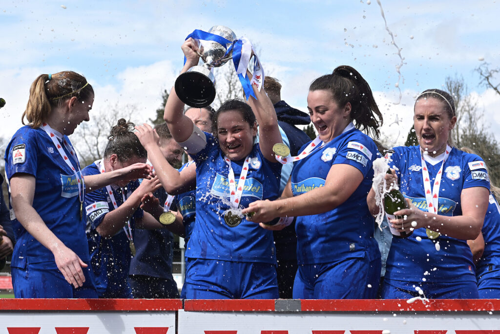 Cardiff City celebrate winning the FAW Women's Cup during the 2022/23 FAW Women's Cup Final between Cardiff City Women & Briton Ferry Llansawel Ladies, Penydarren Park, Merthyr Tydfil