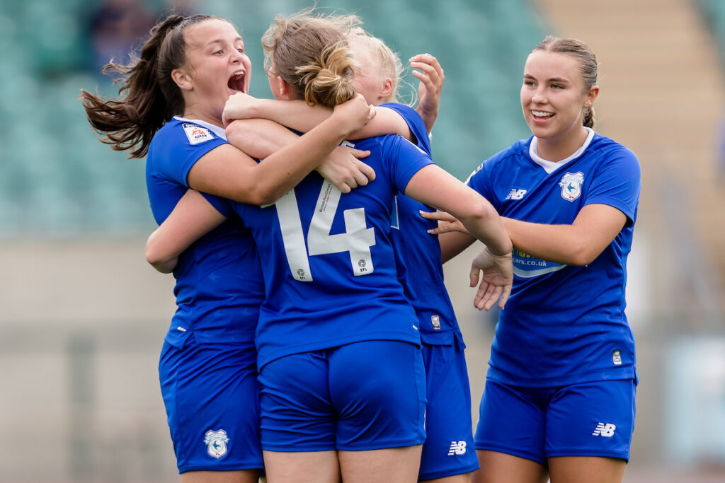 Rhianne Oakley of Cardiff City Women FC celebrates scoring the