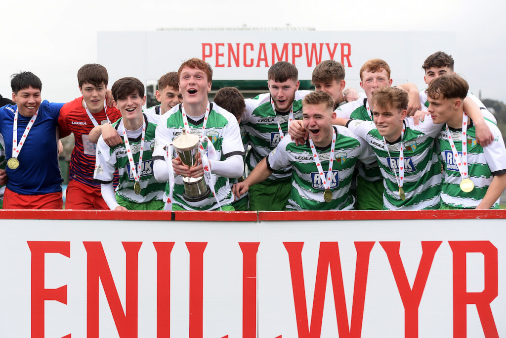 The New Saints  celebrate winning the FAW Youth Cup Final fixture between The New Saints and Penybont at Park Avenue, Aberystwyth, Wales