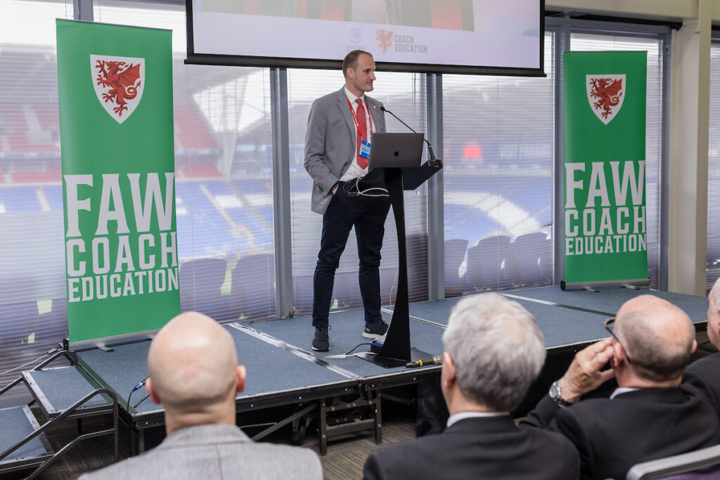 David Adams talking at the McDonald’s grass roots awards prior to the Group D UEFA Euro Championship Qualifying fixture vs Latvia on the 28th of March at the Cardiff City Stadium, Cardiff, Wales.