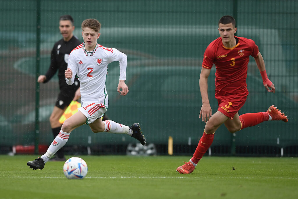 Rhys Thomas of Wales during the UEFA U17 Championship Qualification fixture between Wales and Montenegro at Dragon Park, Newport, Wales