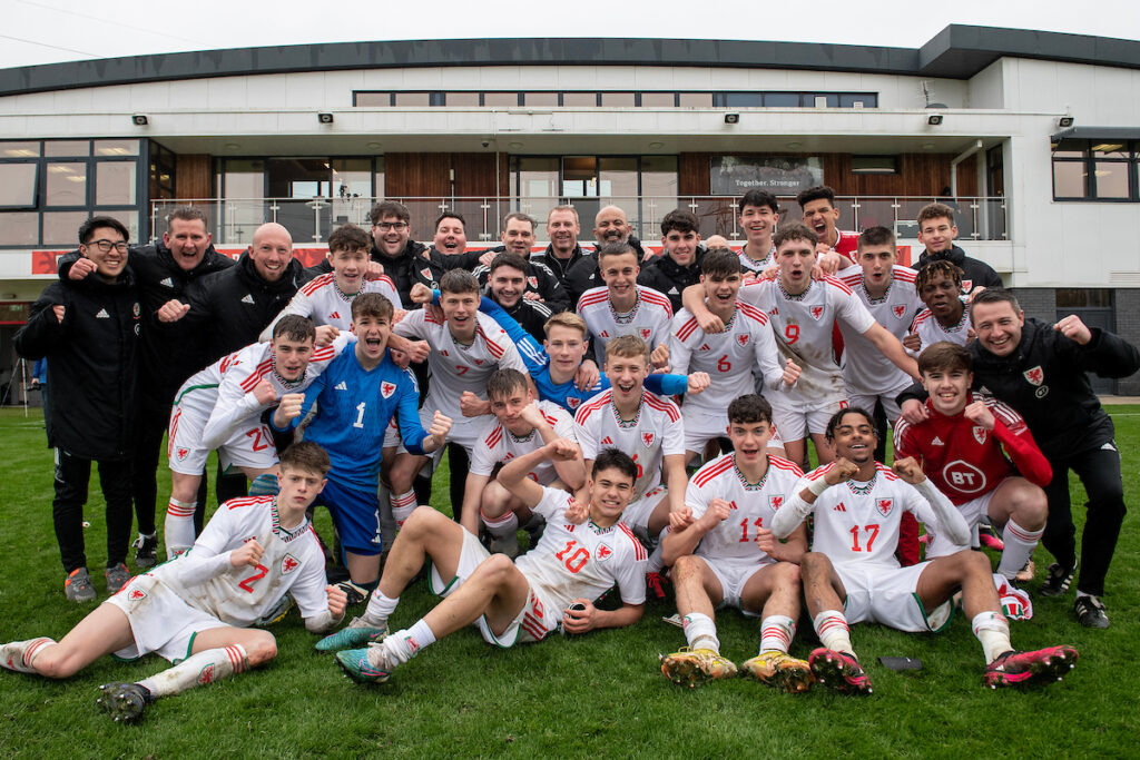 Wales Celebrate at full time during the UEFA U17 Championship Qualification fixture between Wales and Montenegro at Dragon Park, Newport, Wales