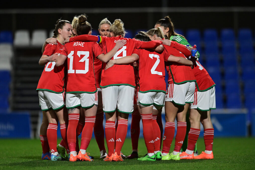 Wales team huddle during the Pinatar Cup 2023 match between Cymru v Philippines at the Pinatar Arena, Spain