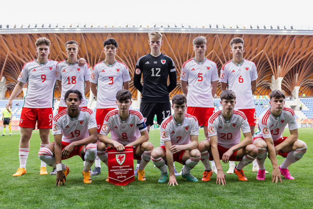 Wales team photo Wales' goalkeeper Luke Armstrong, Wales' Brayden Clarke, Wales' Dylan Lawlor, Wales' Sam Parker, Wales' Luey Giles, Wales' Alfie Tuck, Wales' Charlie Crew, Wales' Cody Twose, Wales' Troy Perrett, Wales' Freddie Issaka, Wales' Iwan Morgan prior to the 2023 UEFA Under-17 European  Championship Group A fixture between Republic of Ireland & Wales at the Pancho Aréna, Felcsút, Hungary