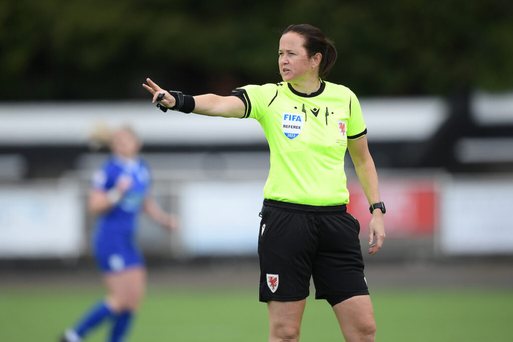 Match referee Cheryl Foster during the 2022/23 FAW Women's Cup Final between Cardiff City Women & Briton Ferry Llansawel Ladies, Penydarren Park, Merthyr Tydfil, Wales