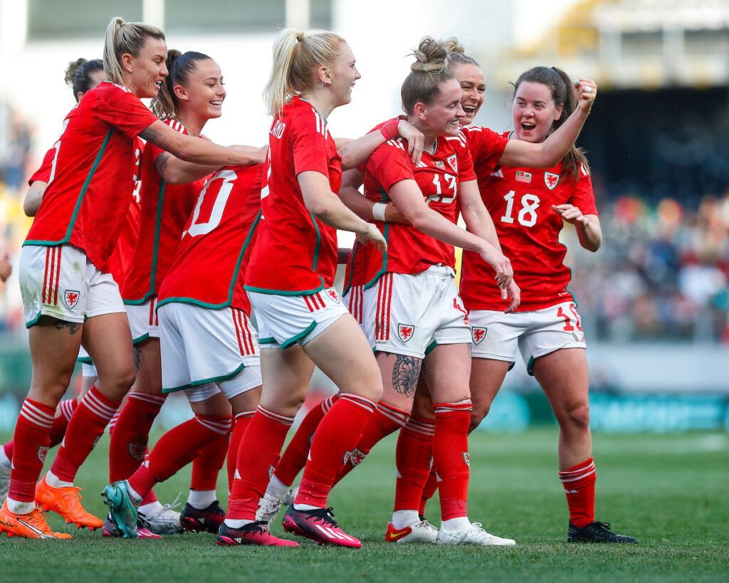 Wales' Rachel Rowe celebrates scoring during the International Friendly against Portugal