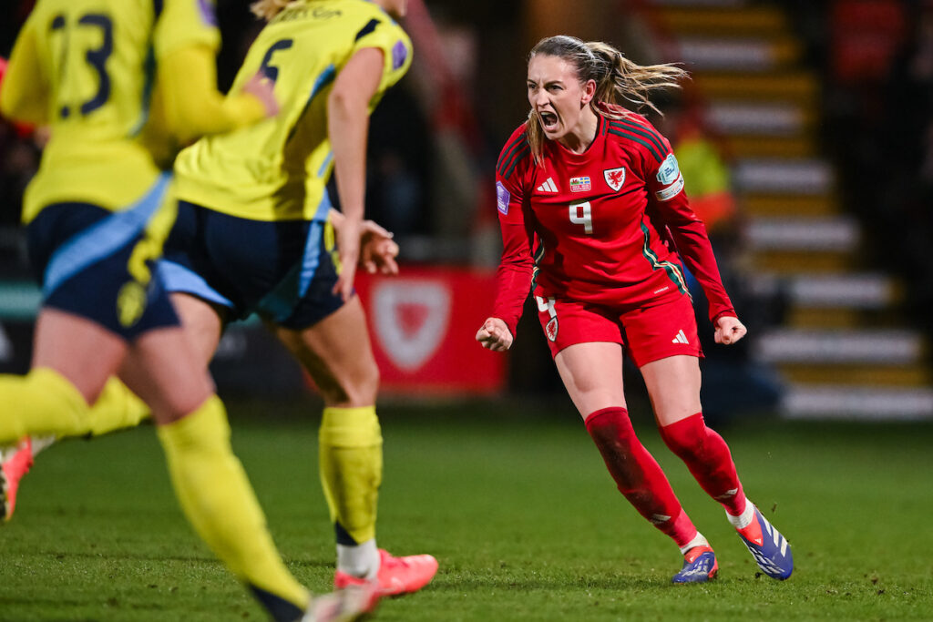 Cymru's Kayleigh Barton celebrates scoring against Sweden