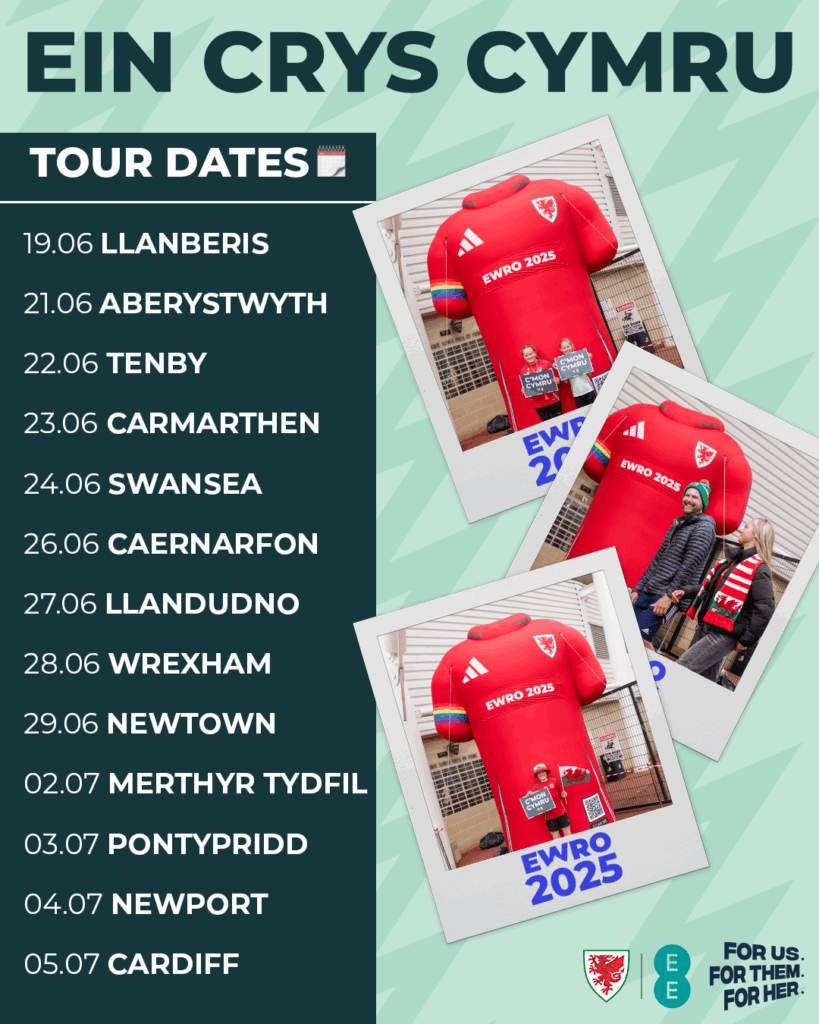 A graphic with Ein Crys Cymru Tour date graphics
19.06: Llanberis
21.06 Aberystwyth
22.06: Tenby
23.06: Carmarthen
24.06: Swansea
26.06: Caernarfon
27.06: Llandudno
28.06: Wrexham
29.06: Newtown
02.07: Merthyr Tydfil
03.07: Pontypridd
04.07: Newport
05.07: Cardiff