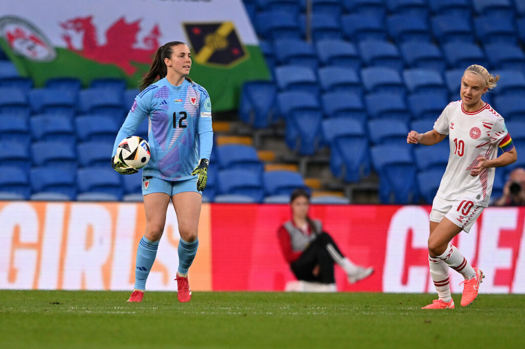 Olivia Clark in action for Cymru against Denmark in the UEFA Women's Nations League