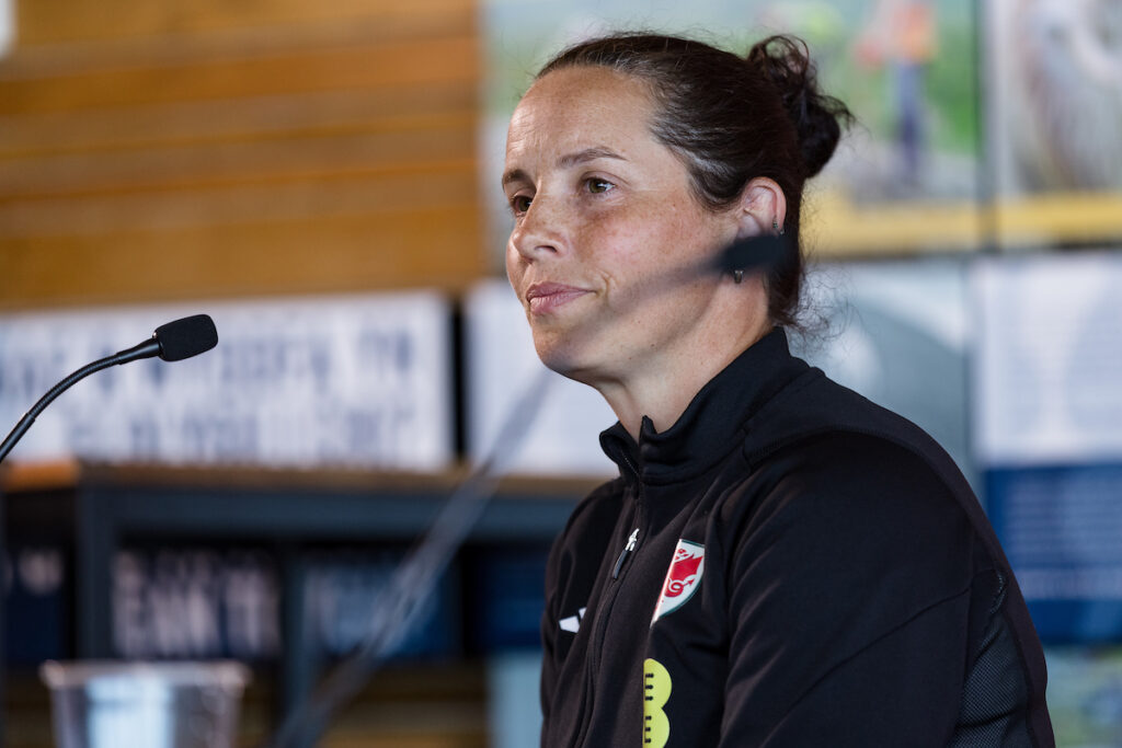 Rhian Wilking during a Cymru EURO 2025 squad announcement press conference at the summit of yr Wyddfa