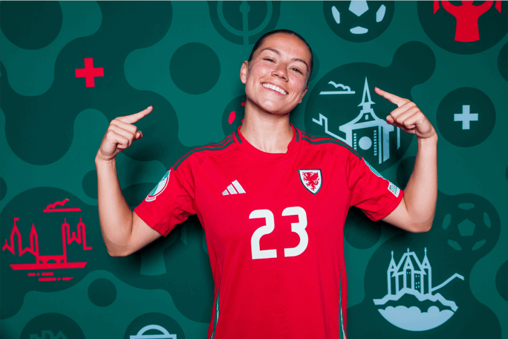 Ffion Morgan poses in her Cymru kit
