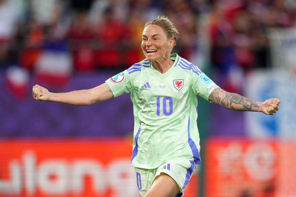 Jess Fishlock of Wales celebrates scoring her team's first goal after the VAR reviewed the on-field decision to disallow the goal before overturning and awarding the goal during the UEFA Womens EURO 2025 Group D match between France and Wales at Arena St. Gallen on July 09, 2025 in St Gallen, Switzerland