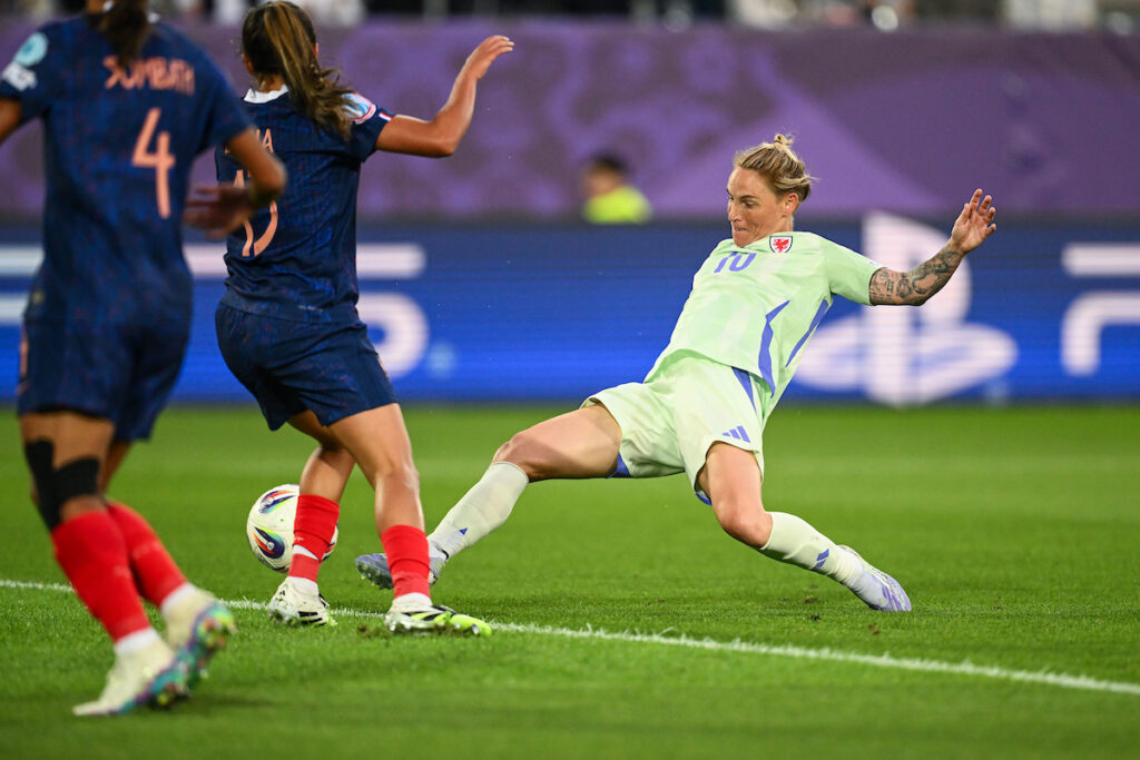 Jess Fishlock scores Cymru's goal against France at EURO 2025