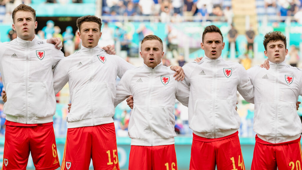 Wales' Joe Rodon, Wales’ Ethan Ampadu, Joe Morrell, Connor Roberts, Dan James and Joe Allen during the 2020 UEFA European Football Championship Group A fixture between Italy & Wales at the Stadio Olimpico, Rome, Italy